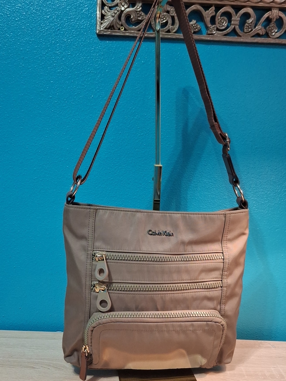 Calvin Klein Taupe Crossbody Bag with Multi-Zip Front